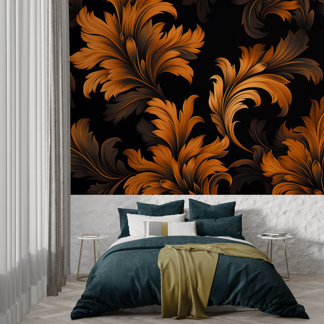 Art deco feather wallpaper creating drama in modern living room with amber accents