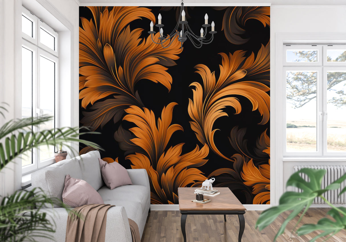 Black and amber feather mural wallpaper in luxury dining room setting