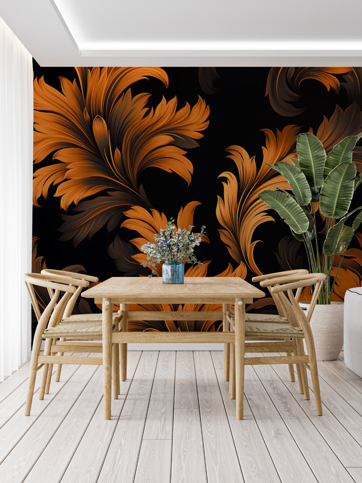 Feather pattern wallpaper adding elegance to home office space