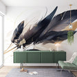 Black and gold feather wallpaper mural in a modern living room, creating an elegant accent wall with floating feather design