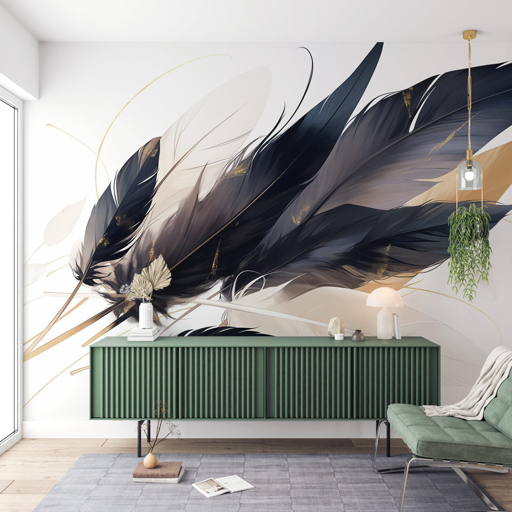Black and gold feather wallpaper mural in a modern living room, creating an elegant accent wall with floating feather design