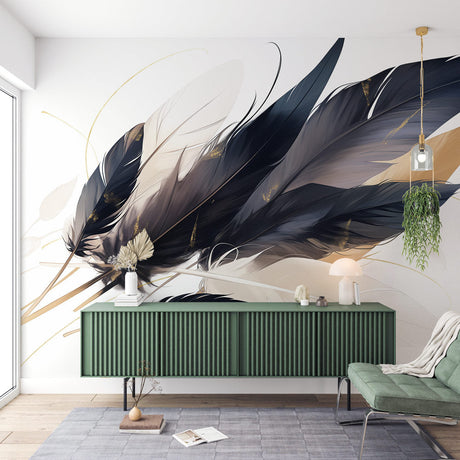 Black and gold feather wallpaper mural in a modern living room, creating an elegant accent wall with floating feather design