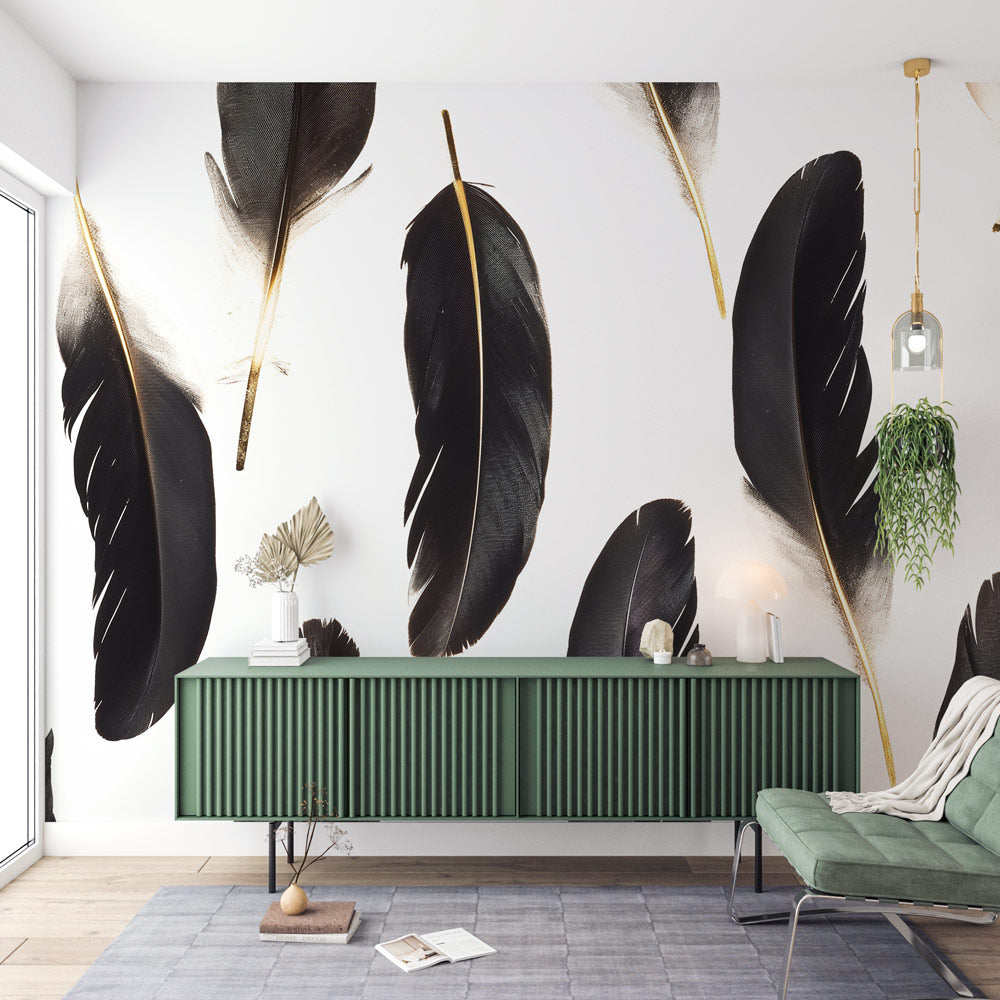 Black and gold feather wallpaper creating drama in a modern living room with high ceilings and minimal furniture