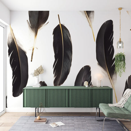 Black and gold feather wallpaper creating drama in a modern living room with high ceilings and minimal furniture