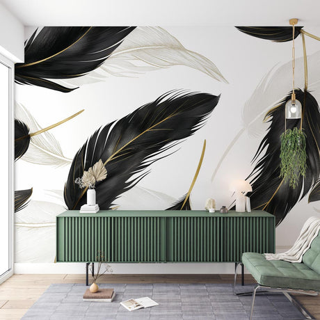 Black and gold feather wallpaper mural styled in a modern living room with grey sofa and gold accents