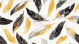 Black and gold feather wallpaper mural creating an elegant atmosphere in a modern living room with tall windows