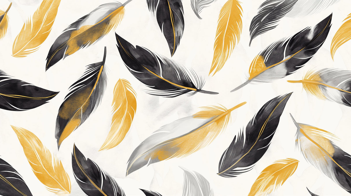 Black and gold feather wallpaper mural creating an elegant atmosphere in a modern living room with tall windows