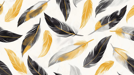 Black and gold feather wallpaper mural creating an elegant atmosphere in a modern living room with tall windows