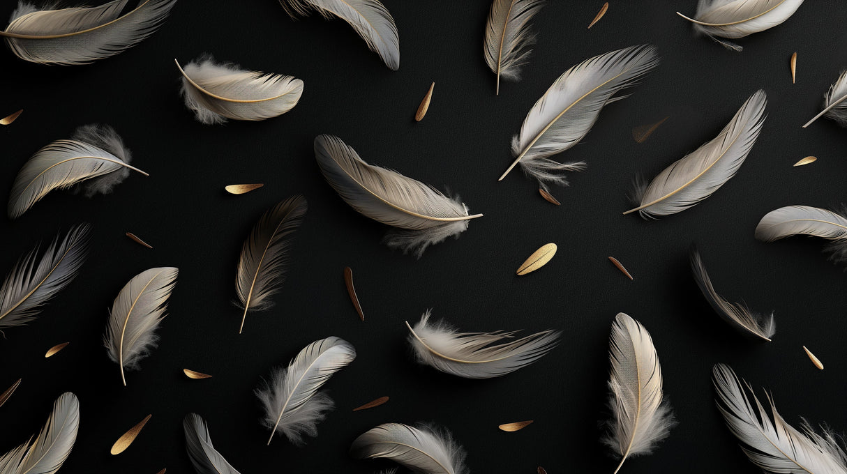 Black and gold feather pattern design file showing detailed floating plumes and metallic accents