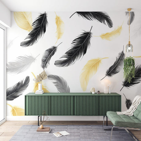 Black and gold feather wallpaper mural in a modern living room, creating an elegant floating effect against white walls
