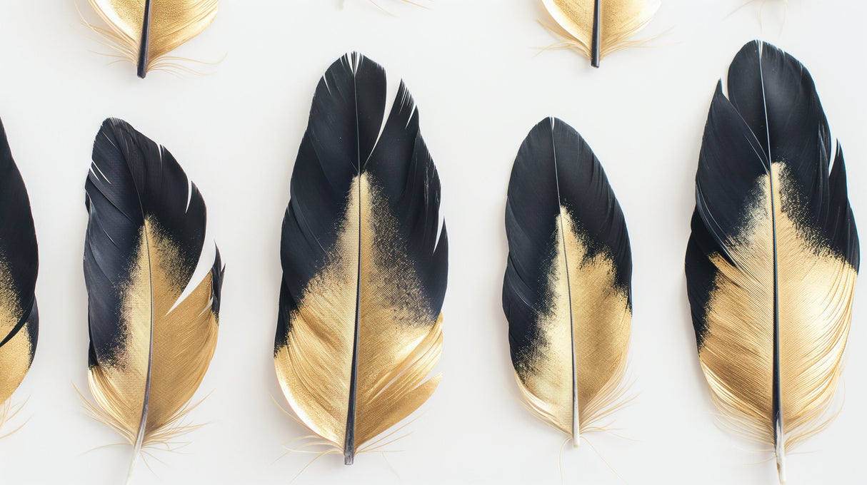Black and gold feather wallpaper creating a dramatic statement wall in a modern living room with plush furniture