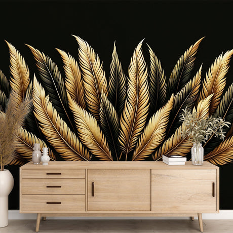 Black and gold feather wallpaper mural creating a stunning backdrop in a modern living room with contemporary furniture