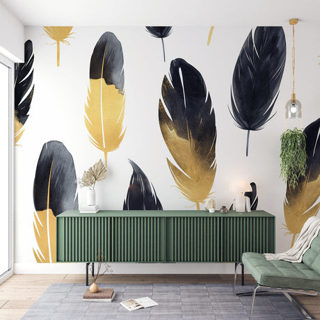 Black and gold feather wallpaper mural in modern living room, creating an elegant accent wall with floating metallic plumes