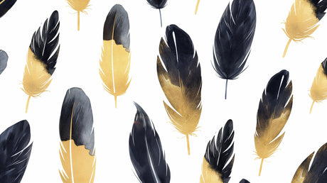 Black and gold feather wallpaper design file showing detailed pattern of floating plumes