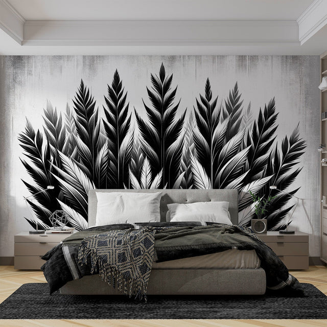 Black and white feather wallpaper mural styled in a modern living room with minimal furniture and natural light