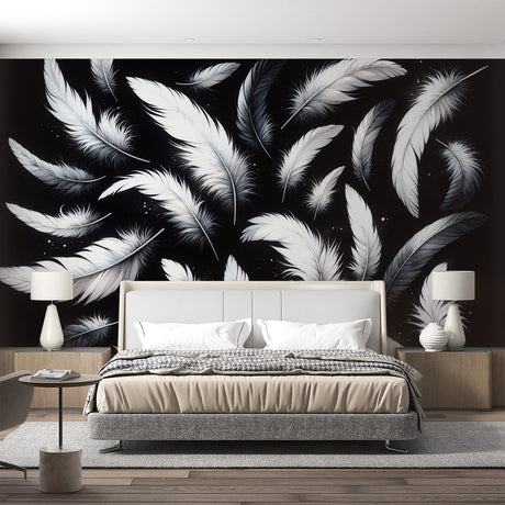 Black and white feather wallpaper mural in modern minimalist bedroom, creating an elegant floating effect above the bed