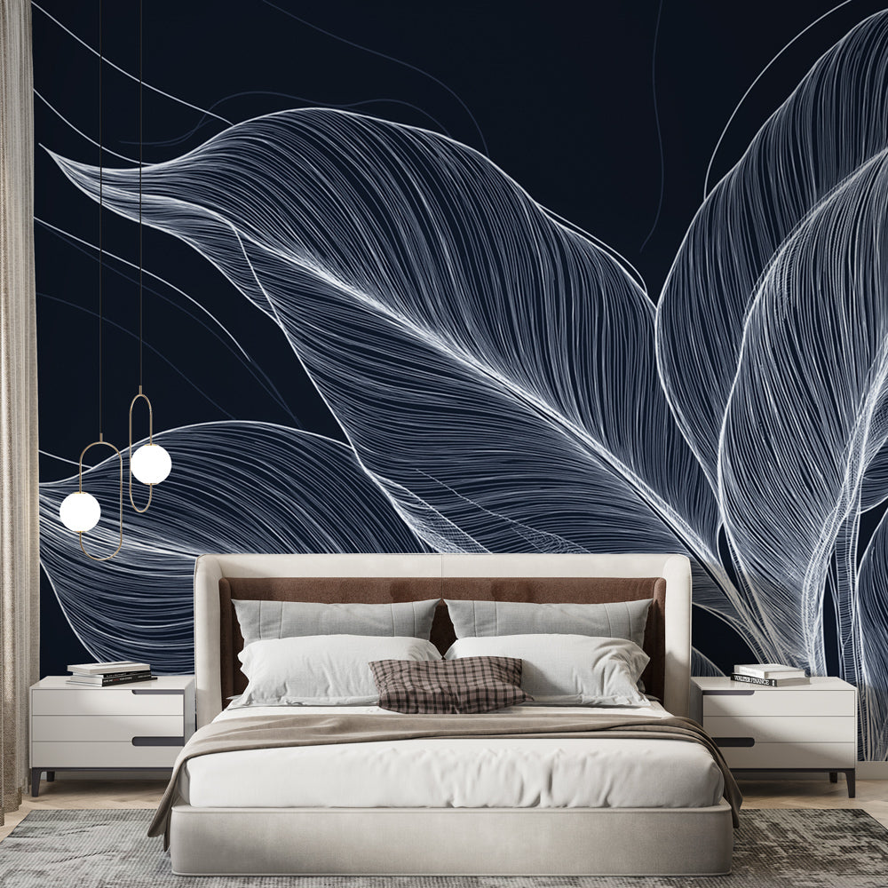 Modern black and white Feather Line Art Wallpaper creating a striking focal point in a minimalist living room setting