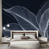 Modern black and white Feather Line Art Wallpaper creating a striking focal point in a minimalist living room setting