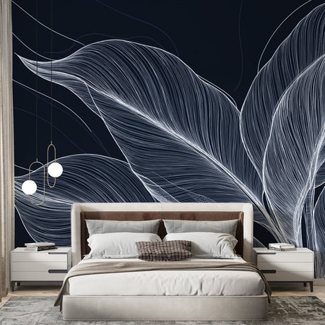 Modern black and white Feather Line Art Wallpaper creating a striking focal point in a minimalist living room setting
