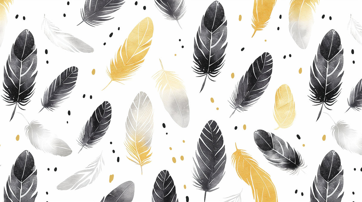 Feather pattern design file showing detailed black, gold and silver plumes on white background