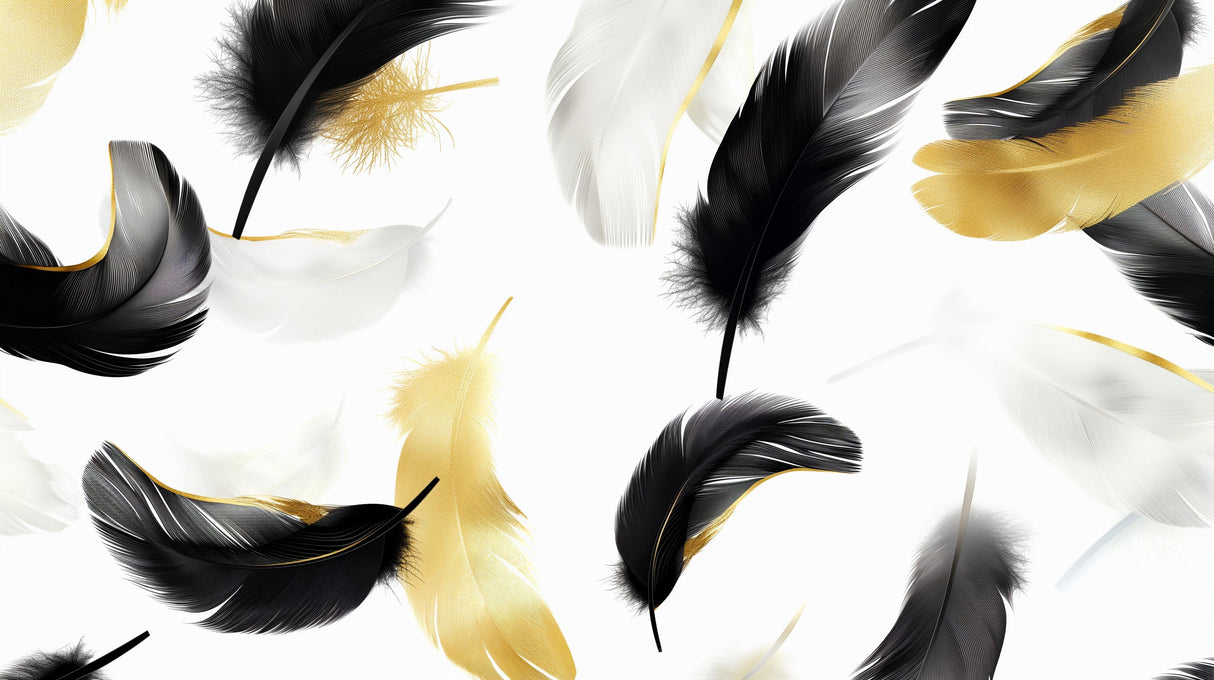 Elegant black and gold feather pattern design file showing intricate floating plumes and metallic accents