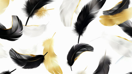 Elegant black and gold feather pattern design file showing intricate floating plumes and metallic accents
