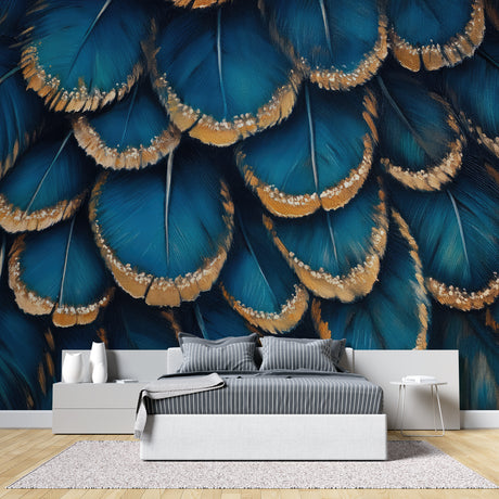 Blue and gold peacock feather wallpaper in modern living room with grey sofa and natural light