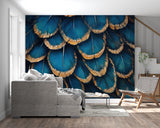Luxury peacock feather wall mural creating drama in master bedroom setting