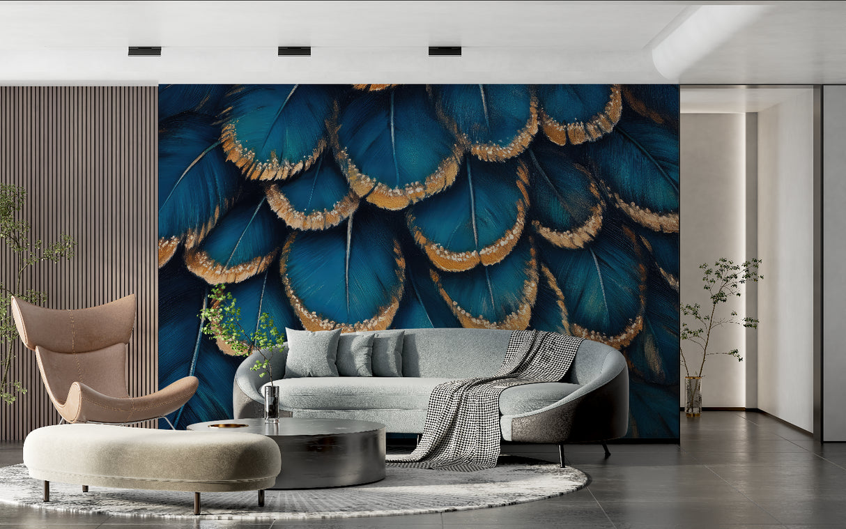 Detailed peacock feather pattern adding elegance to dining room accent wall