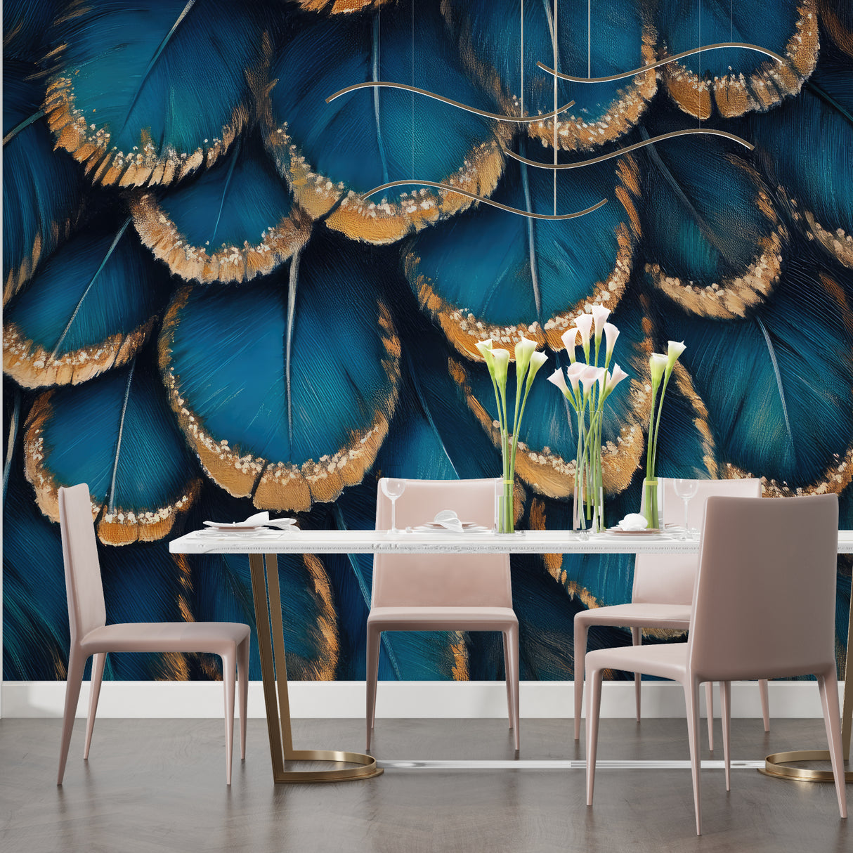 Blue and gold feather wallpaper bringing luxury hotel feel to hallway