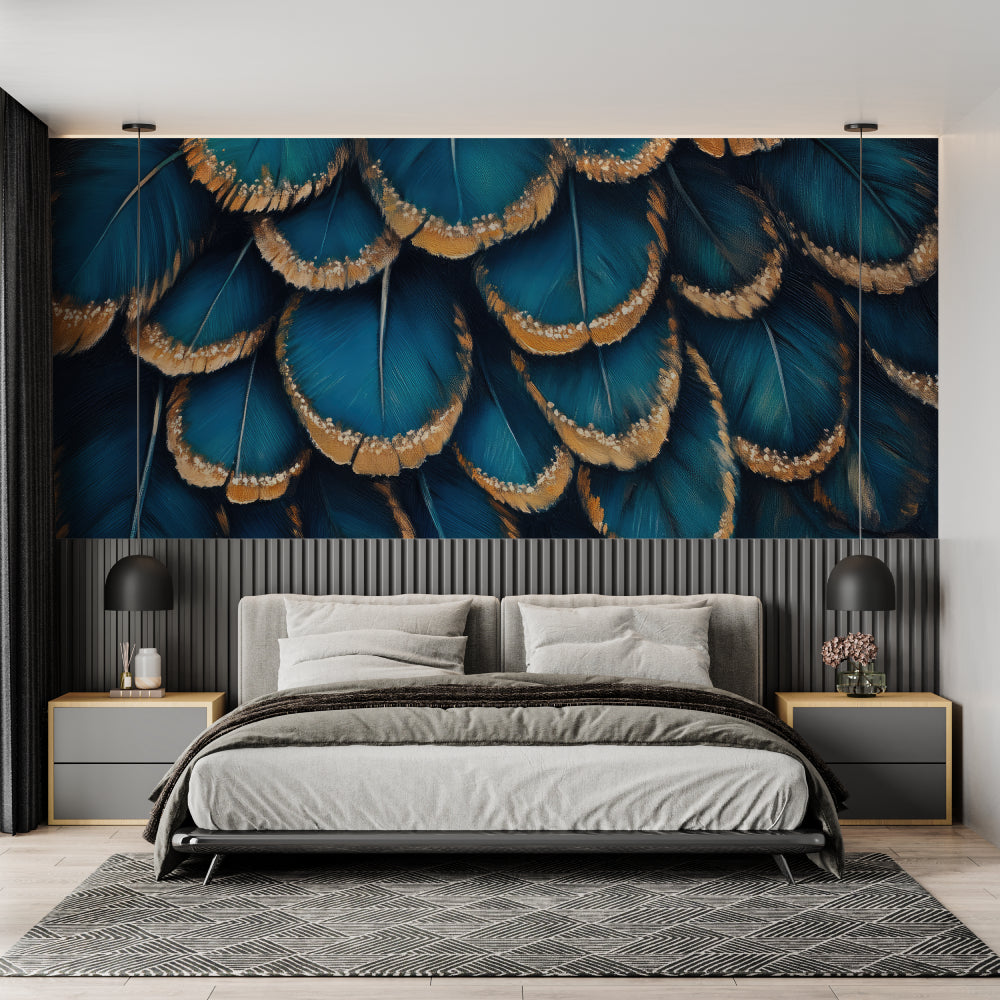 Peacock feather mural making statement in home office space