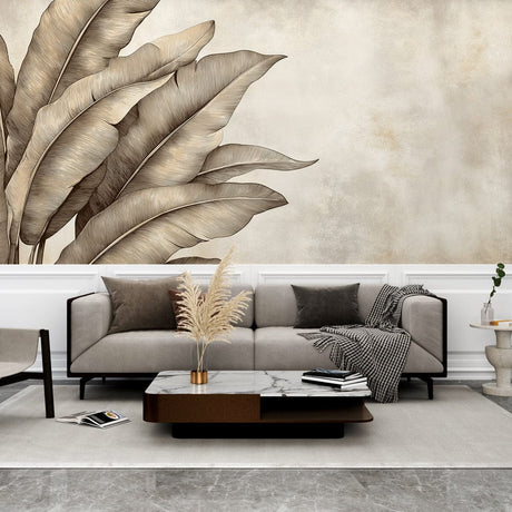 Botanical feather wall mural in soft beige creates a peaceful atmosphere in a modern living room with minimal furniture