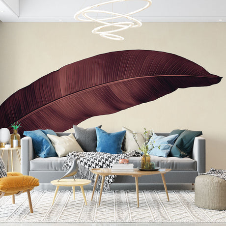 Burgundy feather wallpaper mural creating a stunning accent wall in a modern living room with beige furniture