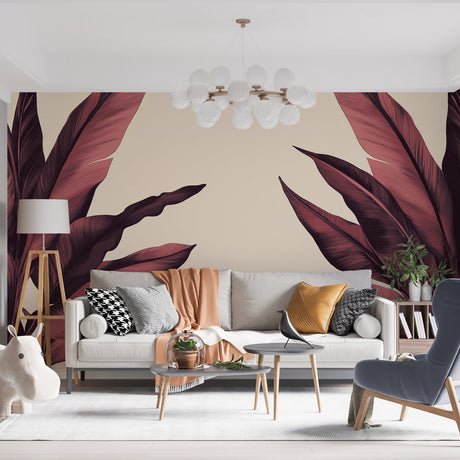 Burgundy feather wallpaper mural creating a sophisticated atmosphere in a modern living room with minimal furniture
