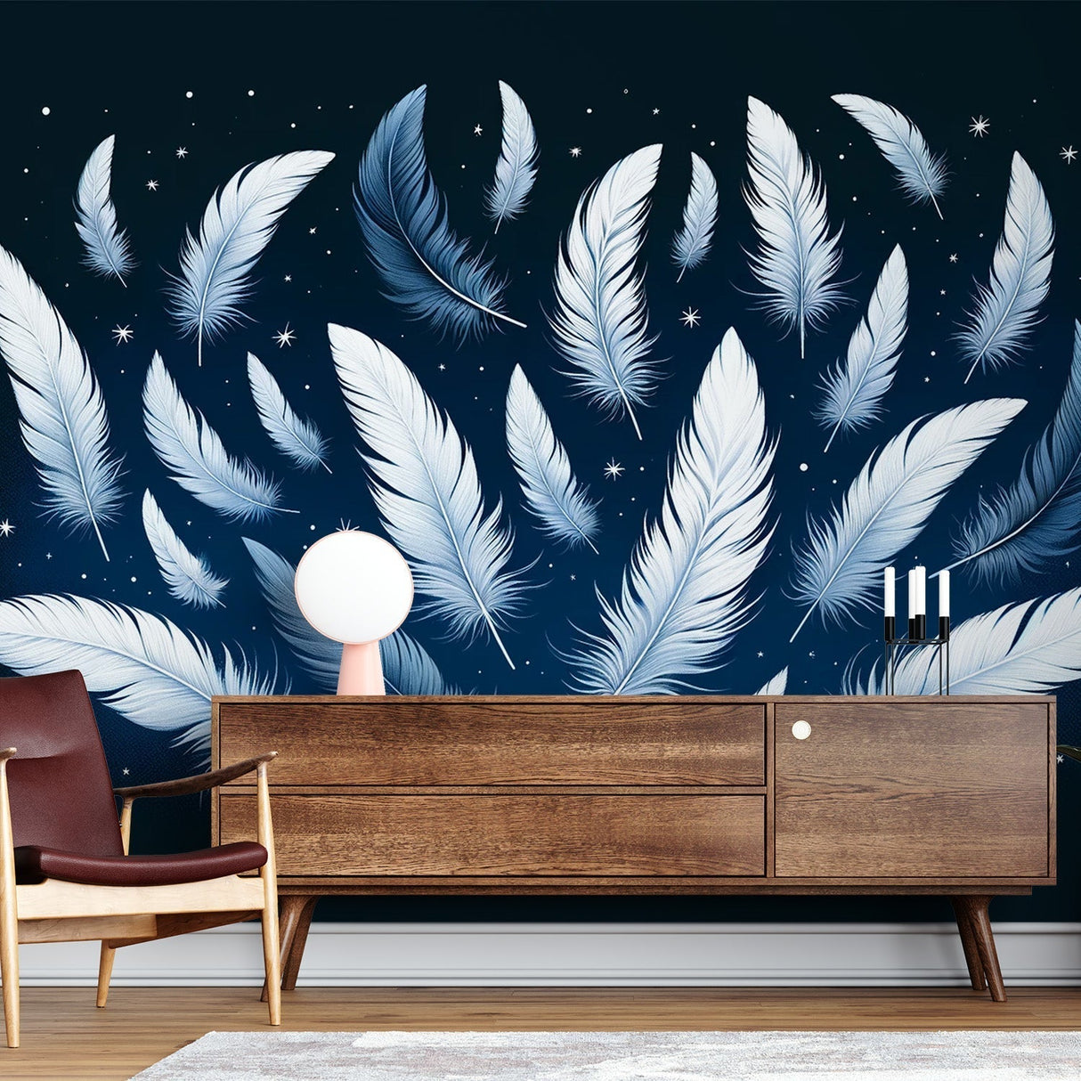Celestial feather wallpaper creating a peaceful atmosphere in a modern bedroom with soft lighting and minimal furniture