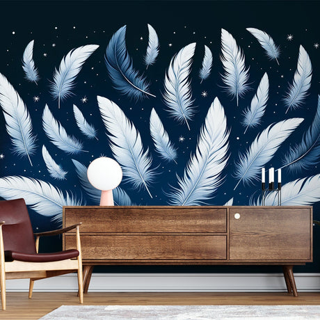 Celestial feather wallpaper creating a peaceful atmosphere in a modern bedroom with soft lighting and minimal furniture