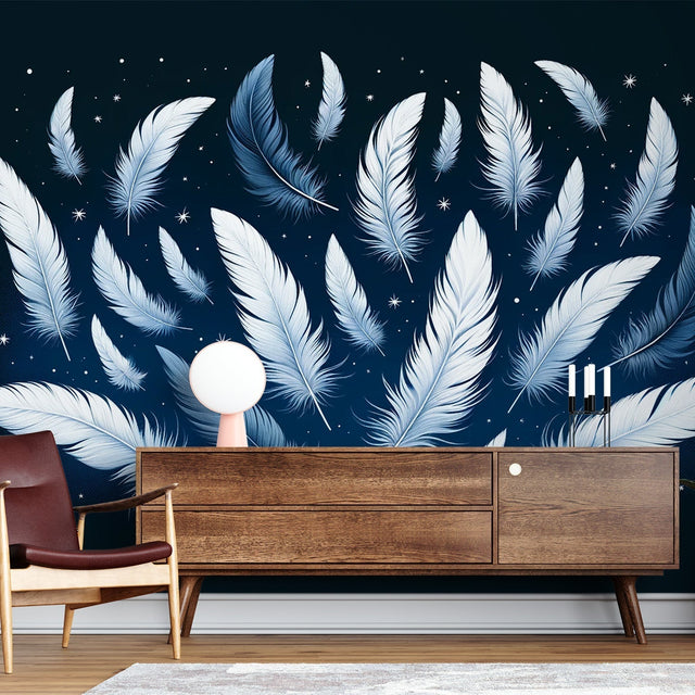 Celestial feather wallpaper creating a peaceful atmosphere in a modern bedroom with soft lighting and minimal furniture