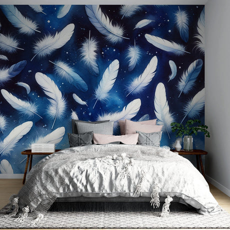 Feather mural wallpaper with floating plumes creates a dreamy atmosphere in a modern bedroom with soft lighting