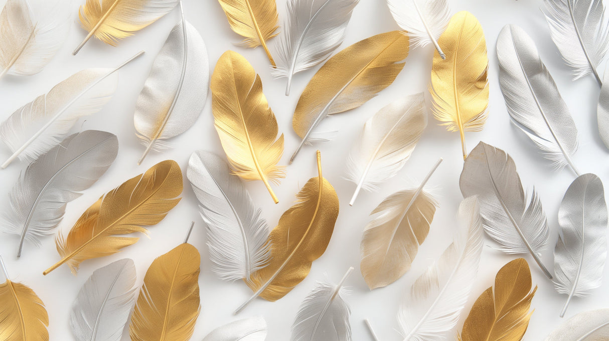 Luxury gold and white feather wallpaper in a bright modern bedroom, creating an elegant accent wall behind a plush bed