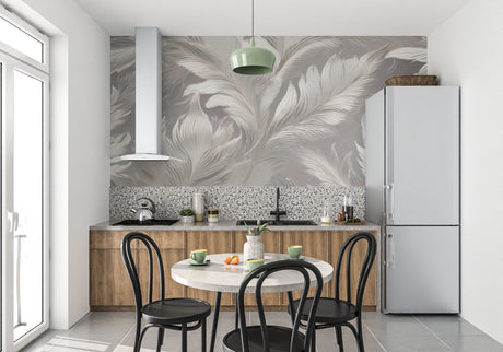Grey feather wallpaper mural in a bright modern living room creating an airy, peaceful atmosphere