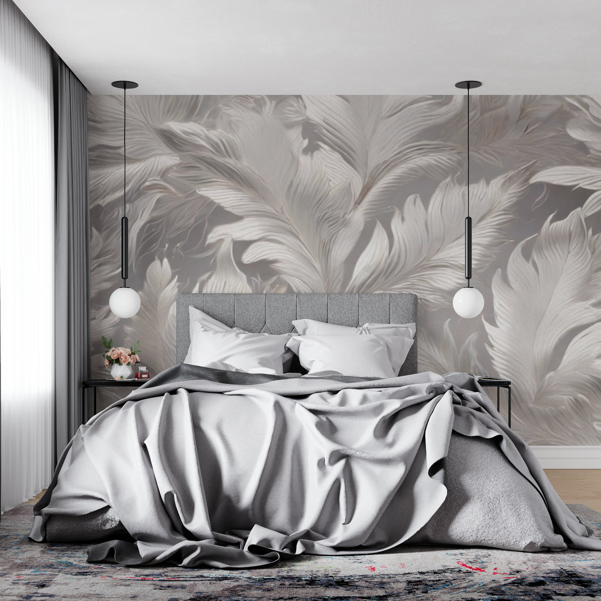 Elegant master bedroom featuring grey and white feather wall mural above a plush bed