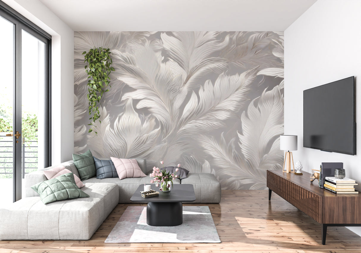 Home office space with soft grey feather wallpaper creating a serene work environment