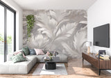 Home office space with soft grey feather wallpaper creating a serene work environment