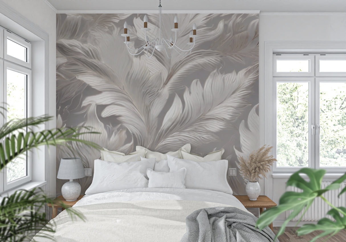 Dining room showcasing grey feather mural wallpaper in natural daylight