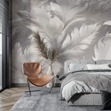 Grey and white feather wallpaper bringing movement to a modern hallway