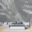 Grey feather wallpaper mural in modern living room with grey sofa and natural light