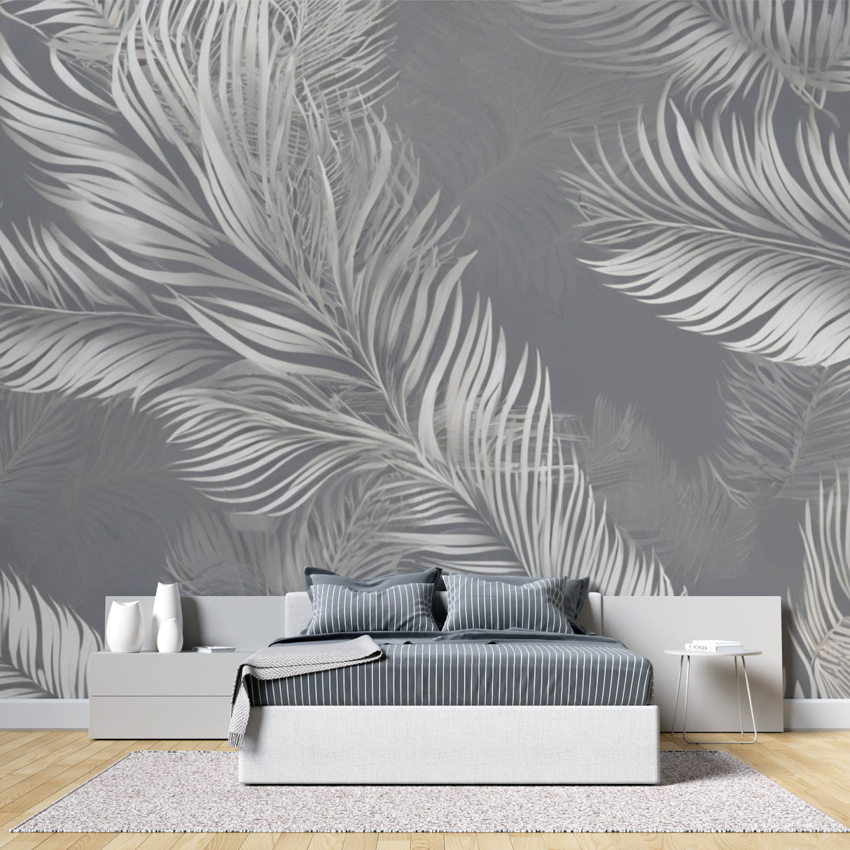 Grey feather wallpaper mural in modern living room with grey sofa and natural light