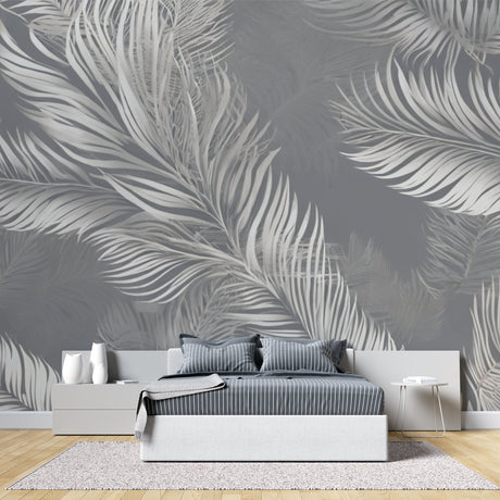 Grey feather wallpaper mural in modern living room with grey sofa and natural light