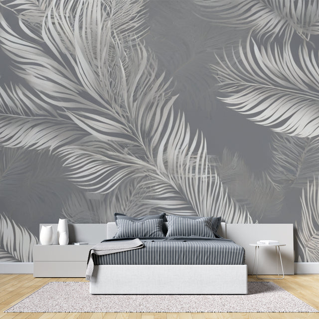 Grey feather wallpaper mural in modern living room with grey sofa and natural light