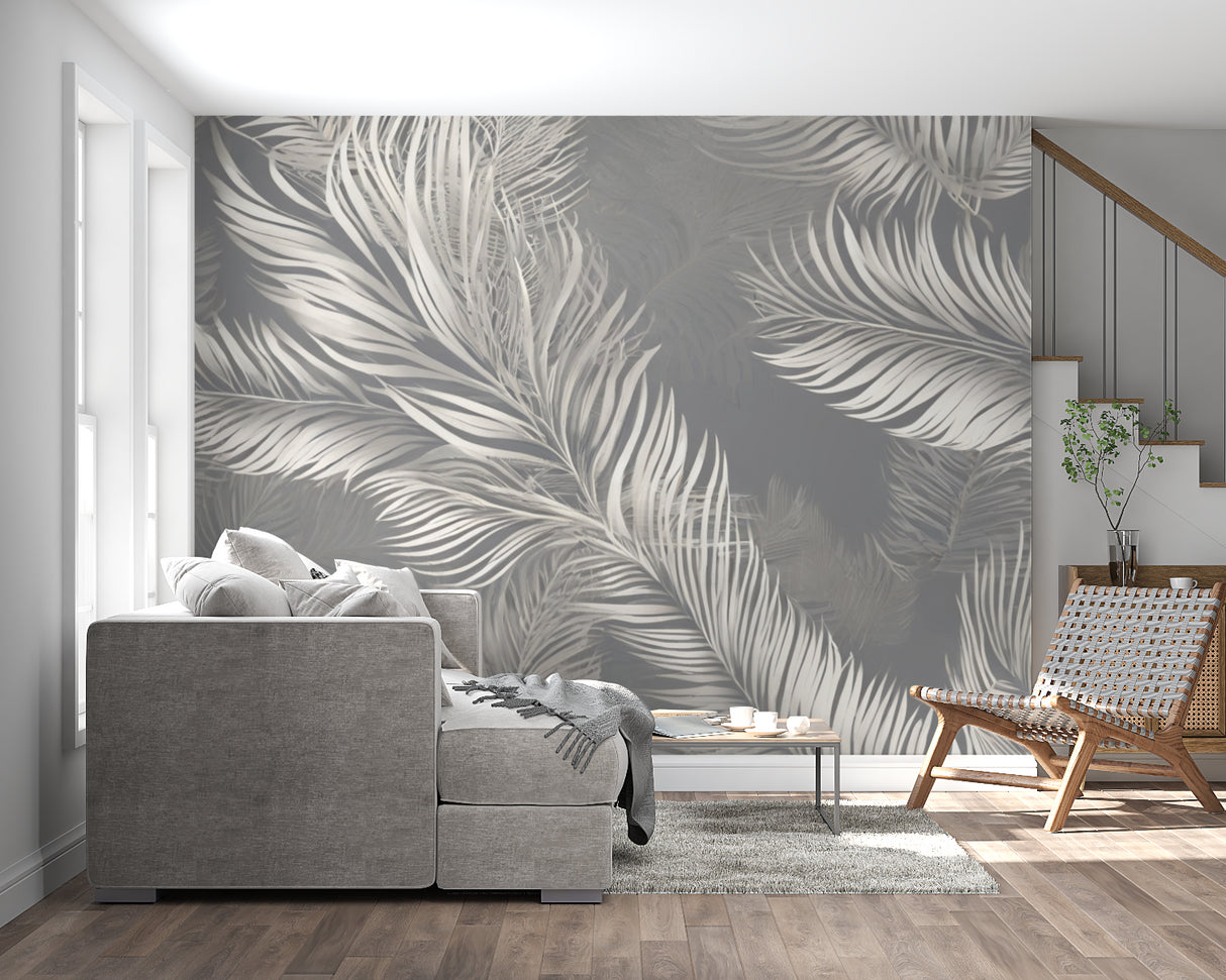 Palm feather wall mural creating calm atmosphere in master bedroom